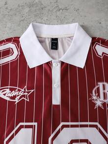 ROMWE MEN Men's Numeric & Striped Print Short Sleeve Polo Shirt, Summer - Red - View 2
