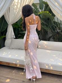 Sunnyshic Đầm hai dây ren hồng dành cho nữ, trang phục đi biển, phong cách gợi cảm và thời trang cho kỳ nghỉ hè, thích hợp cho mùa xuân/hè. - Hồng - Xem 2