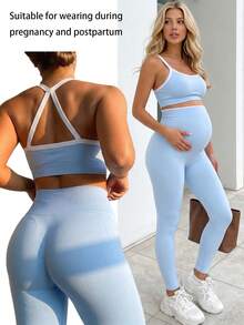 SHEIN Maternity Contrast Trim Sports Bra And Pants Set,Word Cup - Blue - View 3
