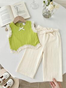Baby Girls' Light Green Ruffle Bow Top Paired With Apricot Casual Pants, Cute Outfit For Daily, Vacation, Commute - Green - View 3