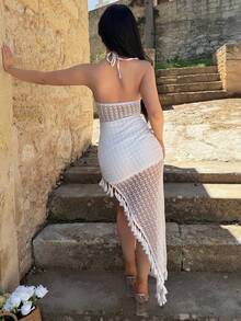 Vassilux Sexy Bohemian Colorful Crochet Wavy High Slit Dress, Halter Backless Tassel Hem Long Dress Elegant Party Summer White - White - View 2
