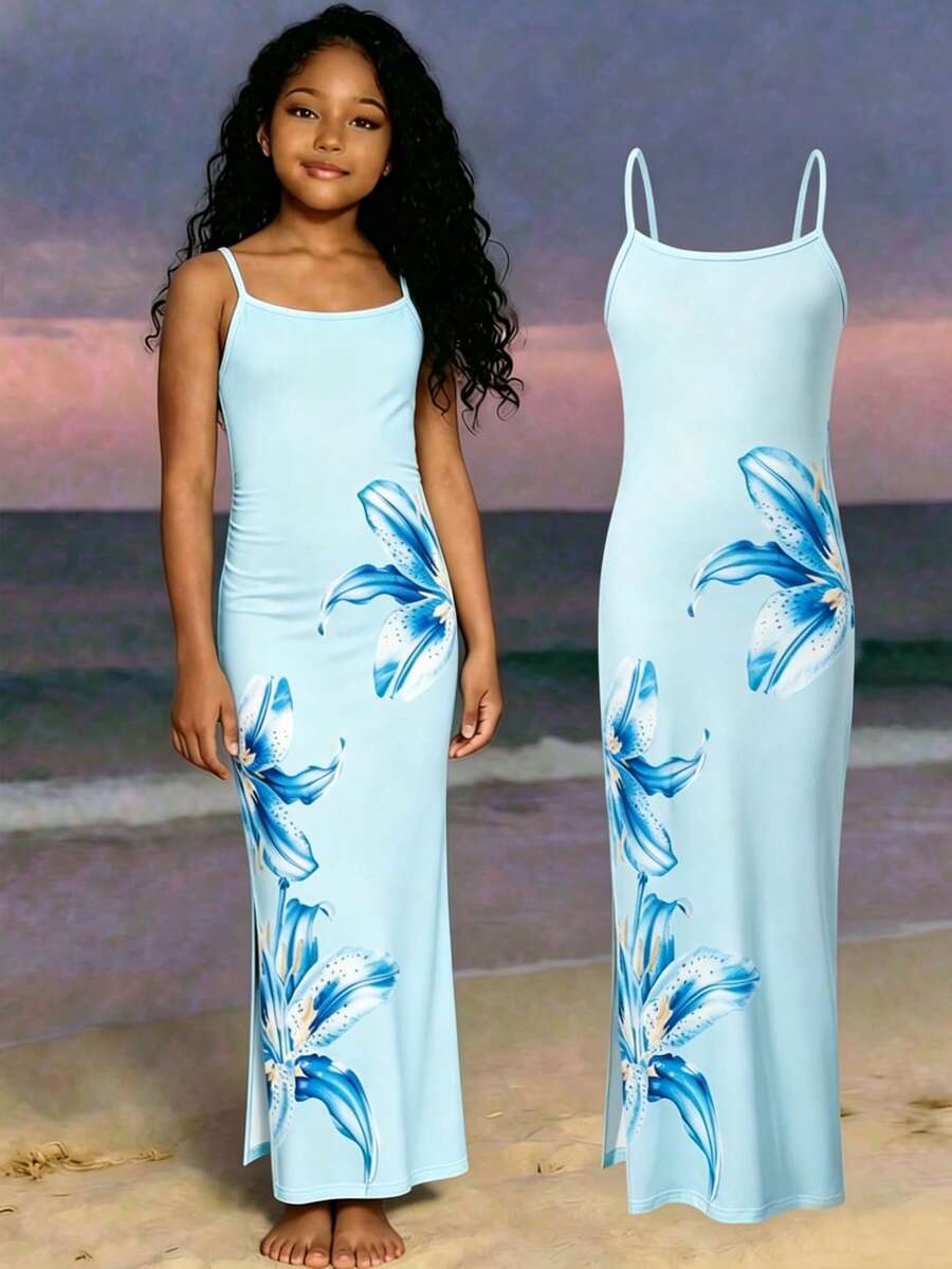 Sparklyn 夏季女童无袖长裙,色彩缤纷的水果印花,充满活力,修身剪裁,侧开衩下摆,非常适合外出和拍照! - 藍色 - 查看 1
