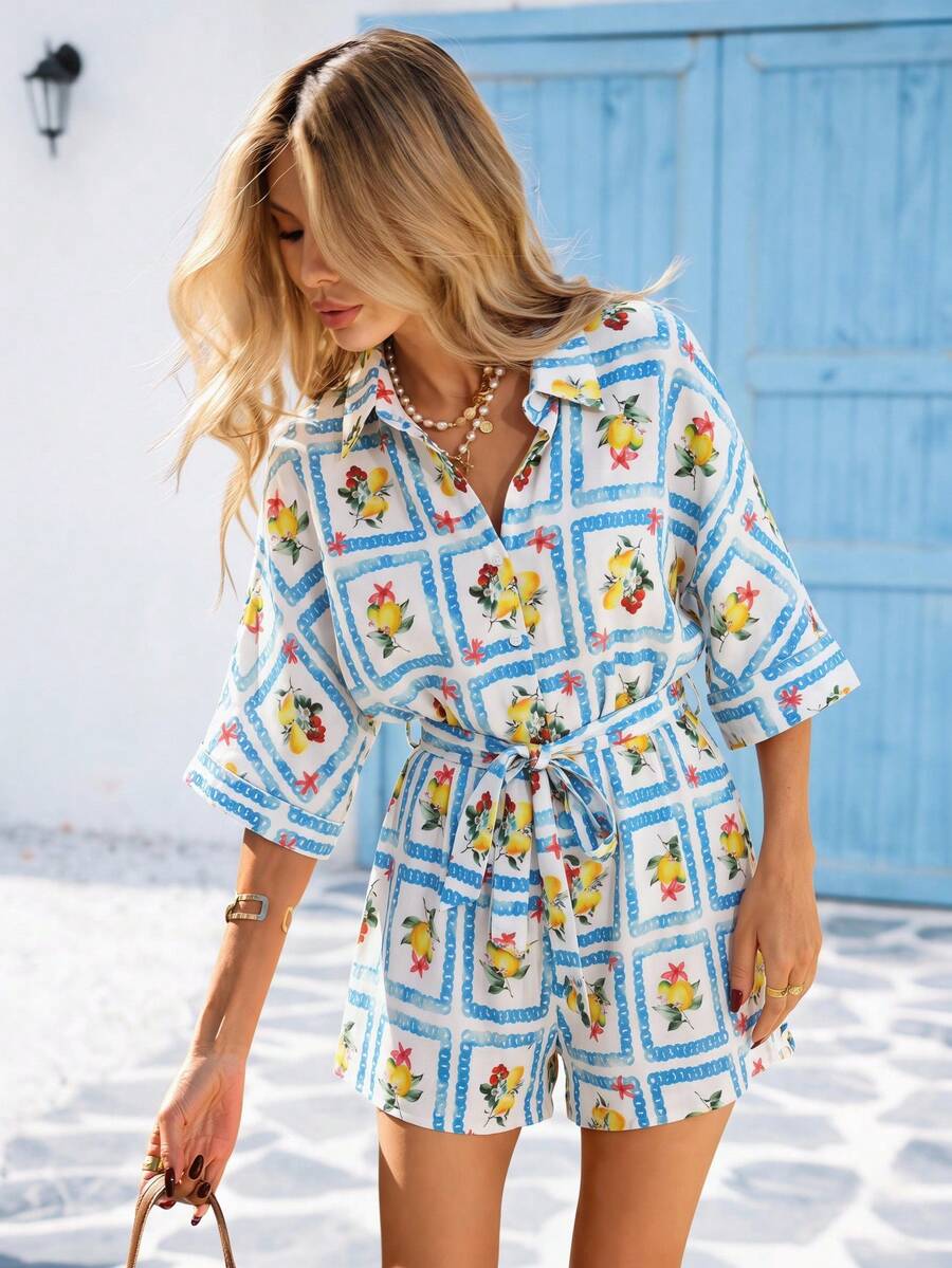 Vivid Eden Women's White Belted Front Button Short Sleeve Jumpsuit Beach Vacation Summer Tropical - Multicolor - View 1