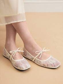 Eladyva Women's White Ballet Flats With Bow Decor, Flower Embroidery, Breathable Mesh Vamp, Square Toe, Suitable For Wide Or Plump Feet, Summer Mary Jane Shoes - White - View 5