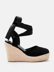 Glitzique Women Minimalist Tie Leg Design Espadrille Strappy Court Wedges, Vacation Outdoor Faux Suede Wedge Shoes - Black - View 5