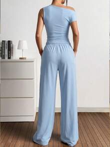 SHEIN EZwear 女款夏季新款休閒純色單肩上衣與長褲兩件套 - 淺藍色 - 查看 2