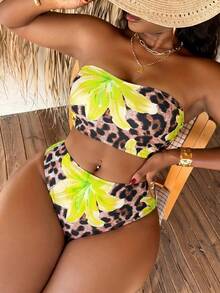 Slaydiva Plus Size Women Floral & Leopard Print Bandeau Top And Triangle Bottoms Swimsuit Set - Multicolor - View 4