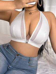 SHEIN Plus Size Solid Color Mesh Patchwork Open Back Halter Bra - White - View 3
