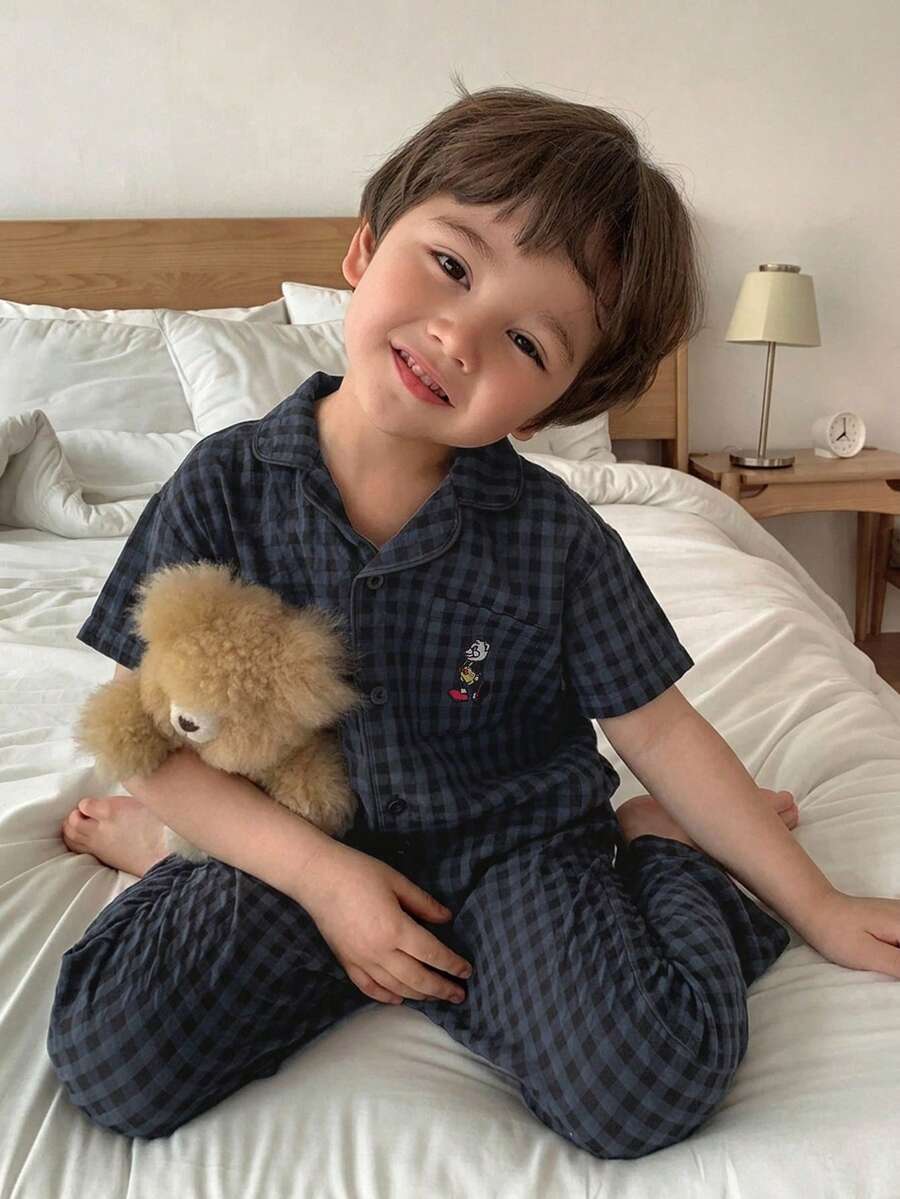 Hapijoa 男童格子长袖单排扣上衣和裤子睡衣套装 - 藏蓝色 - 查看 1
