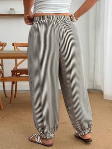 Enliva Plus Size Casual Striped Elastic Cuffed Pants - Black and White - View 2