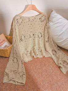 CosyJoli Plus Size Women Solid Color Hollow Casual Versatile Daily Wear Sweater Fall - Apricot - View 3
