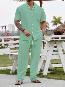 Manfinity RSRT Plus Size Men's Solid Color Short Sleeve Single-Breasted Shirt And Pants Set - Mint Green - View 4