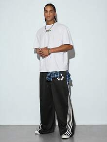 Modcrash Comfortable Loose Striped Casual Sweatpants With Raw Edges, Relaxed Fit, Men's Loose Printed Drawstring Waist Sports Pants - Black - View 6