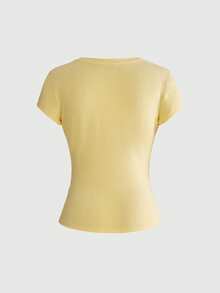ROMWE Grunge Punk Grunge Style Distressed Wing Print Rhinestone Embellished Women's Fitted T-Shirt - Light Yellow - View 2