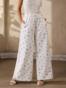 SHEIN Holidaya Jeans casuales anchos y sueltos con pliegues y estampado floral diminuto para mujer - Blanco - Ver 5