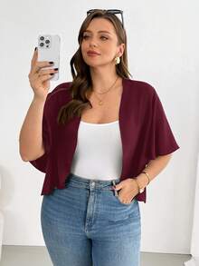 SHEIN Essnce Mujeres talla grande Moda primavera/verano Casual Cómoda Básica versátil para todos los días Cárdigan negro de manga corta, Abrigos de verano, Blusas para salir, Ropa de oficina, Atuendos de vacaciones para mujeres - Burdeos - Ver 5