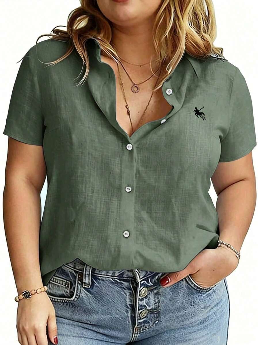 Linhara CURVE Large-Sized Woven Embroidered Casual Summer Shirt For Vacation - Green - View 1