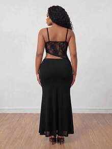 SHEIN PETITE CURVE 大码女式蕾丝拼接美人鱼性感约会派对吊带连衣裙 - 黑色 - 查看 9