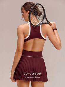GLOWMODE Soft Swing Built-In Shorts Side Pockets Contrasting Trim Crewneck Ultra-Low Rise Pleated Racerback Tennis Dress Golf Pickleball Daily Casual Wear - Burgundy - View 3