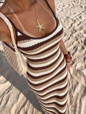 SHEIN Allurite Ärmellose gestreifte Kontrastfarben-Strickkleid für Frühling & Sommer, elegantes Damen Pulloverkleid, Strandoutfit Kleid