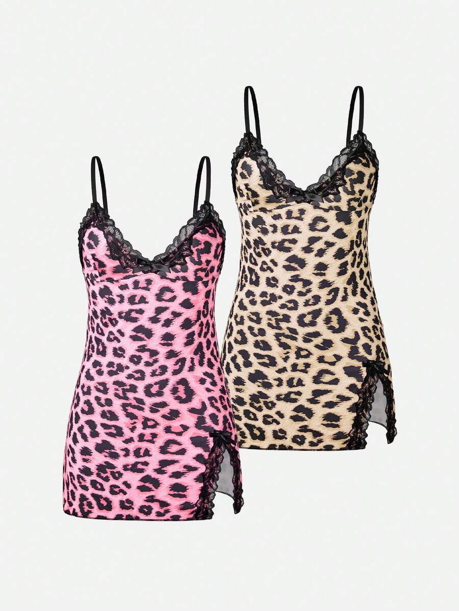 Bella Beso 2 pièces Nuisette sexy pour femmes, imprimé léopard, patchwork de dentelle contrastée, nœud, sans manches, imprimé, ourlet fendu, camisole de nuit pour l'été - Multicolore - Voir 1