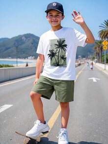 SHEIN 兒童青少年男童休閒上學/度假圓領短袖T恤配棕櫚樹印花與彈性腰口袋梭織短褲，2件套裝，適合生日派對、派對、表演、婚禮、洗禮、開學、日常穿著、學校、旅行、運動、春夏季 - 綠色 - 查看 5
