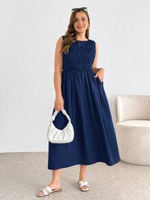 SHEIN Essnce 大码女装春夏时尚休闲舒适日常修身无袖棕色中长连衣裙，带口袋，夏季服装，女士度假装 - 寶藍色 - 查看 7