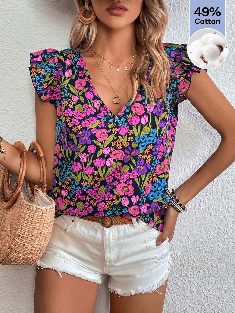 SHEIN Clasi Women's Floral Print V-Neck Flutter Sleeve Casual Vacation Blouse - Multicolor - View 1