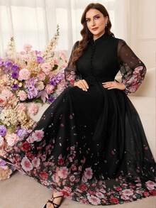 Modelyn 女款花卉印花網格長袖A字收腰浪漫度假風優雅大尺碼洋裝 - 黑色 - 查看 6