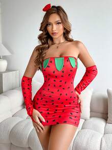 Fantasy Costume Fantasy Costume Set da 4 pezzi di biancheria intima e camicia da notte da donna con costume a forma di anguria - Rosso - Visualizzare 5