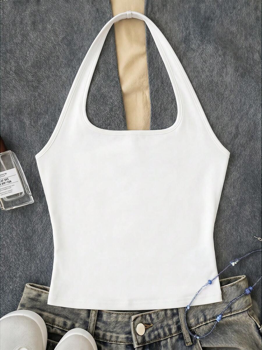 Tween Girls' White Long Casual Halter Neck Top, Fitted Summer Tank - White - View 1