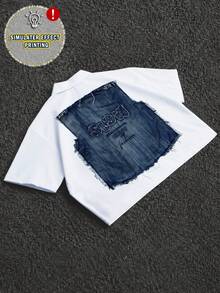 Manfinity EMRG 男士夏季白色拼接毛邊原邊開襟襯衫，寬鬆街頭風米白色城市度假牛仔效果印花短袖上衣 - 彩色 - 查看 5