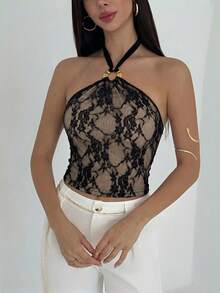 Aloruh 女款性感露背掛脖背心上衣，波希米亞風動物印花網格面料搭配金屬飾品，適合音樂節、海邊度假、日常出遊，展現性感氛圍 - 黑色 - 查看 3