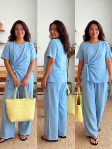 Enliva Plus Size Women's Cotton Linen Twist Knot Camisole 2 Pieces Set, Suitable For Daily, Casual, And Vacation Wear, For Apple And Rounded Body Shape - Baby Pink - View 3