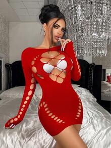 ChaseTheNight 一件女士性感紫红色紧身半透明渔网连衣裙，适合派对、夜店、海滩、圣诞节等场合。 - 紅色 - 查看 6