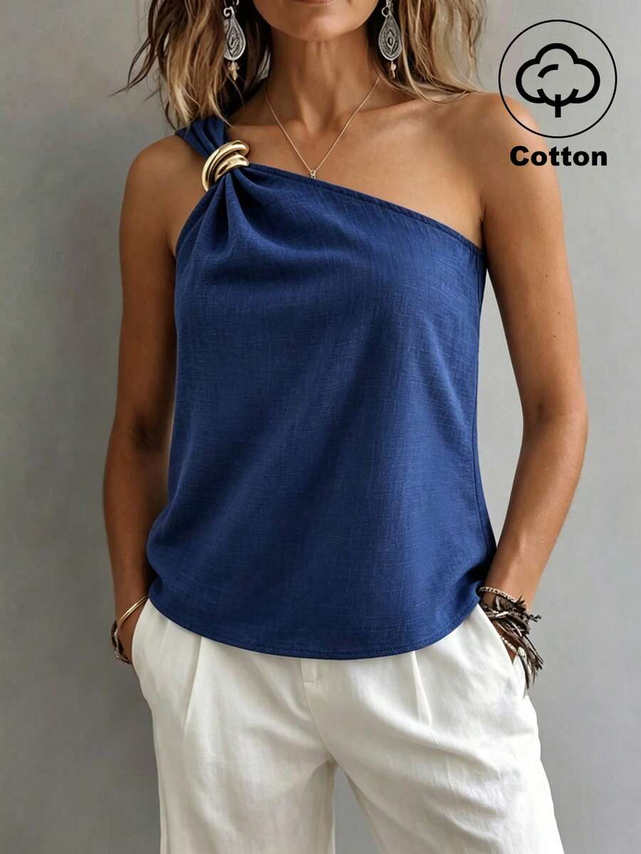 SHEIN Women's Fashionable Solid Color Sleeveless Shirt, Summer - Royal Blue - View 1