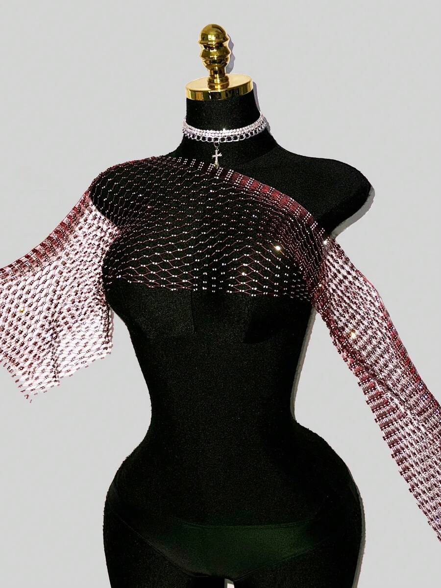 SHEIN Unity Top corto de mujer con aplicaciones de diamante de imitación y diseño de red, adecuado para atuendos de fiesta y vacaciones - Burdeos - Ver 1