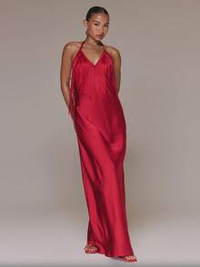 MUSERA Halterneck Red Fringe Maxi Dress Satin Backless Long Dress Spring Summer Intage Evening Party Vacation Date Night Holiday Ibiza - Red - View 5