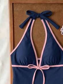 Elavelle Top de bikini de tirantes finos con lazo y estampado aleatorio para mujer, primavera/verano - Multicolor - Ver 5