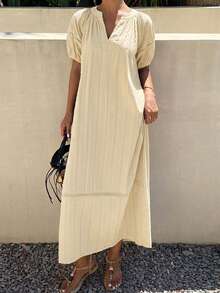 Livesso Vestido midi reto estilo camisa, solto, casual business, para férias, com textura de bolinhas, mangas bufantes elegantes, primavera-verão, para mulher, adequado para casamento e banquete - Butter Yellow - Ver 3