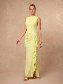 Lumalex Lemon Yellow Sleeveless Knit Maxi Dress With Draped Boat Neck Side Ruched Waist Cascading Ruffle Front Slit And Back Seam, Spring Summer Luxury Dress - Light Yellow - View 8