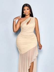 SOLERSUN Women's Plus Size Peach Summer Elegant Formal Asymmetric Hollow Neck Sleeveless Bodycon Maxi Dress,Flowy Party Evening Wedding Guest Outfit - Apricot - View 7