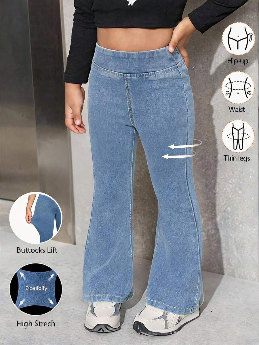 SHEIN Girls' Blue Denim Stretch Skinny Flare Pants - Light Wash - View 1