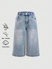 SHEIN Explorewe Girls' Comfortable Washed Soft Vintage Casual Wide Leg Denim Shorts, Loose Fit, Thin Fabric, Spring/Summer - Medium Wash - View 1