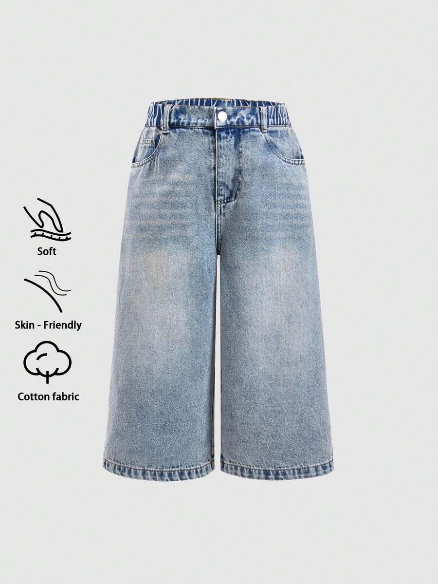 SHEIN Explorewe Girls' Comfortable Washed Soft Vintage Casual Wide Leg Denim Shorts, Loose Fit, Thin Fabric, Spring/Summer - Medium Wash - View 1
