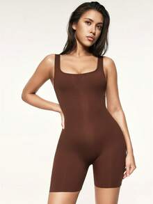 SHAPORA Women's Solid Color Minimalist Bodysuit For Daily Wear - Brown - View 6