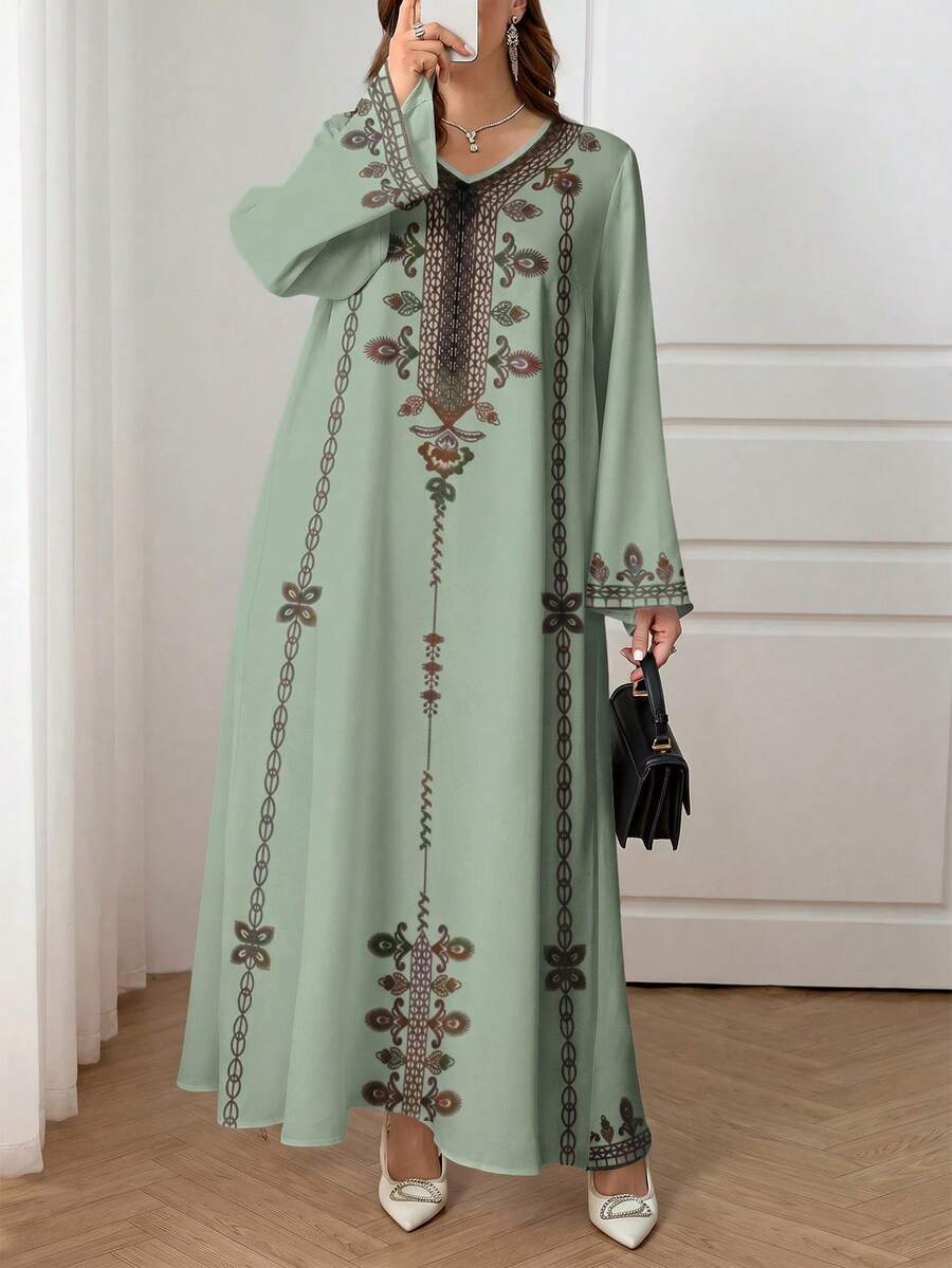 Al Najma Plus Size Women V-Neck Floral Pattern Casual Party Arabic Style Dress - Multicolor - View 1