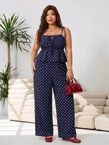 Solflare Navy Blue Plus Size Polka Dot Print Camisole And Casual Pants 2 Pieces Set - Navy Blue - View 10