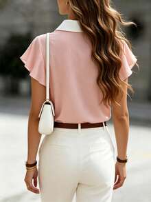 SHEIN Áo sơ mi cơ bản tối giản dành cho nữ, thích hợp mặc hàng ngày, với cổ và tay áo nhún bèo, chất liệu chiffon xếp ly, kiểu dáng dễ thương màu hồng. - Hồng - Xem 2