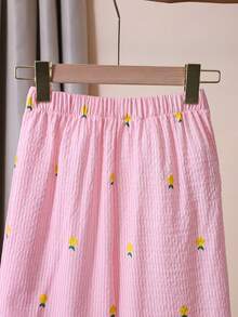2pcs Girls Striped Textured Fabric Short Sleeve Shirt And Casual Pants Set - Pink - View 7